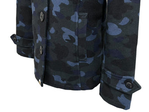 A BATHING APE アベイシングエイプ ファーコート カモ柄 ブルー ネイビー ファー取り外し可 サイズXS 1860-241-505 美品 中古 60178 