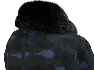 A BATHING APE アベイシングエイプ ファーコート カモ柄 ブルー ネイビー ファー取り外し可 サイズXS 1860-241-505 美品 中古 60178 
