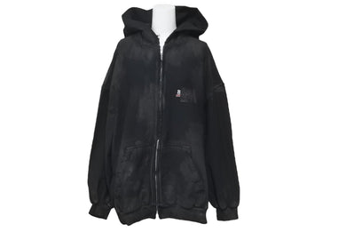 新品同様 BALENCIAGA バレンシアガ キャンペーンロゴダメージ加工ジップアップフーディー サイズL ブラック 720424TNVK5 中古 60186