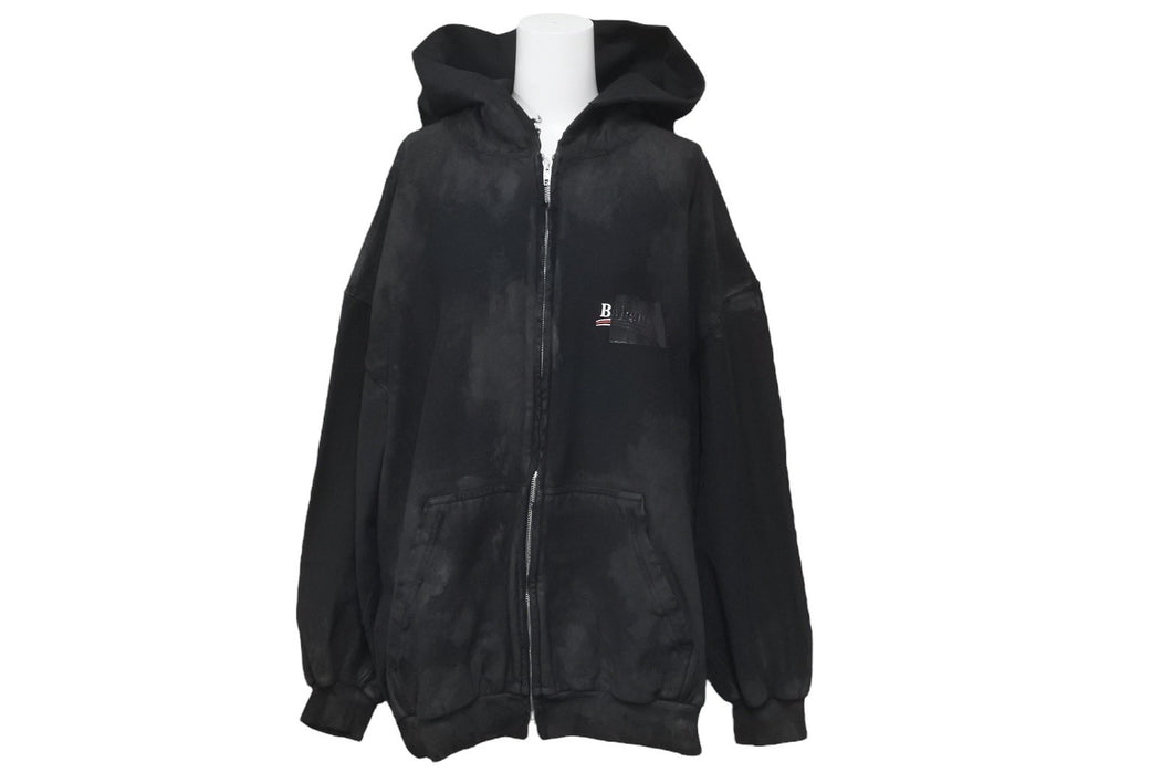 新品同様 BALENCIAGA バレンシアガ キャンペーンロゴダメージ加工ジップアップフーディー サイズL ブラック 720424TNVK5 中古 60186