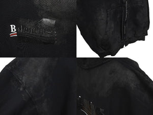 新品同様 BALENCIAGA バレンシアガ キャンペーンロゴダメージ加工ジップアップフーディー サイズL ブラック 720424TNVK5 中古 60186