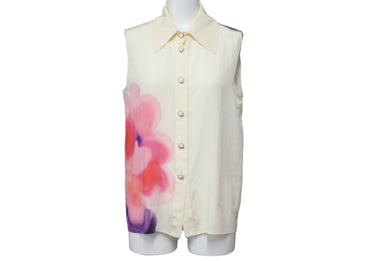 CHANEL シャネル ブラウス シャツ ノースリーブ ココマーク サイズ34 フラワーモチーフ ベージュ シルク P51353 美品 中古 60204