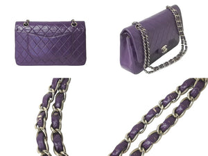 CHANEL マトラッセWフラップチェーンショルダー 5番台 25cm ショルダーバッグ パープル×シルバー金具 ラムスキン 中古 60246