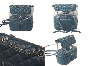 極美品 CHANEL シャネル リュック クリアバックパック マトラッセ A57826 グリーン ビニールレザー シルバー金具 中古60306