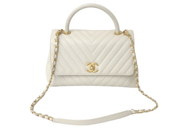 新品同様 CHANEL シャネル ココハンドル Vステッチトップハンドル 28cm アイボリー A92991 キャビアスキン 中古 60308