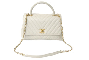 新品同様 CHANEL シャネル ココハンドル Vステッチトップハンドル 28cm アイボリー A92991 キャビアスキン 中古 60308