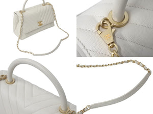 新品同様 CHANEL シャネル ココハンドル Vステッチトップハンドル 28cm アイボリー A92991 キャビアスキン 中古 60308