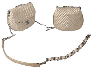 新品同様品 CHANEL シャネル チェーンショルダーバッグ シェブロン Vステッチ 20番台 2015 カーフ メタリックブロンズ 中古 60376