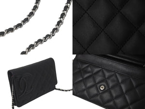 極美品 CHANEL シャネル カンボンライン A46646 チェーンウォレット ショルダー 黒 黒 ブラック シルバー金具 中古 60386