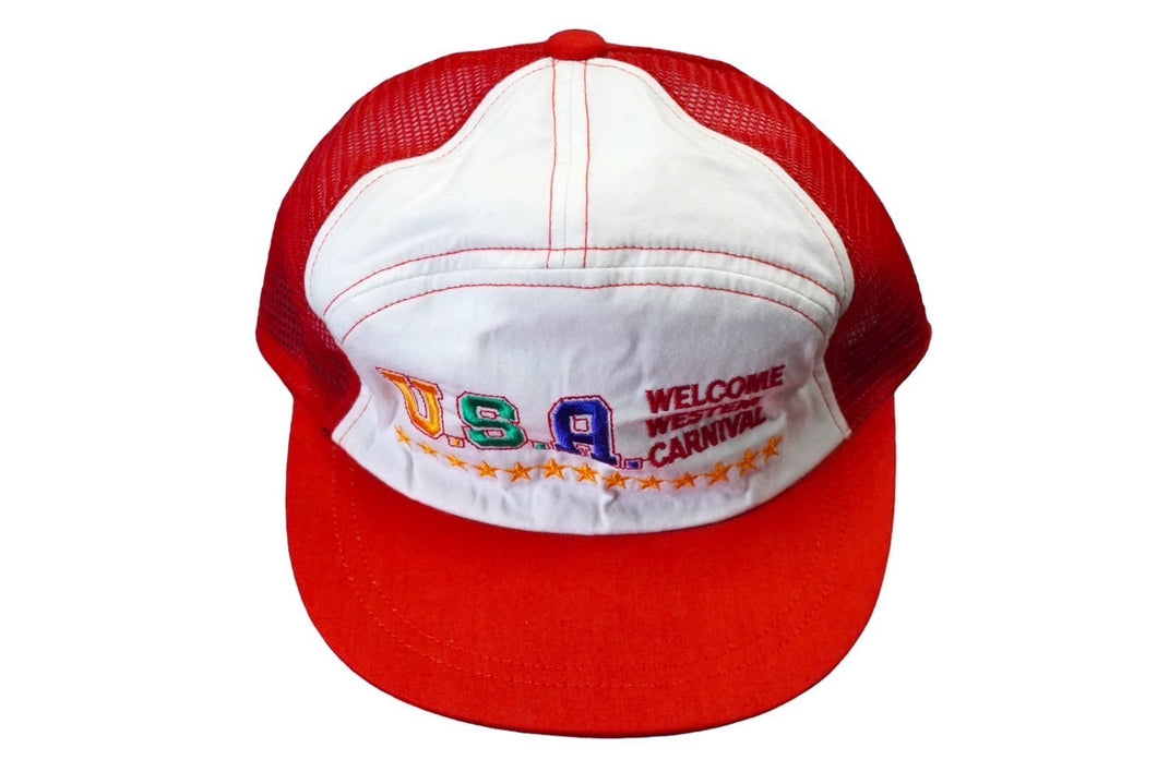 U.S.A WELCOME WESTEM CARNIVAL メッシュ キャップ レッド 帽子 刺繍 ホワイト ナイロン 56CM 美品 中古 60526