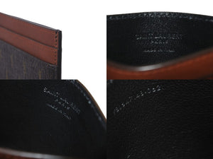 極美品 SAINT LAURENT サンローラン カードケース ロゴ 総柄 64714​​8 カーフ ブラウン 中古 60549 
