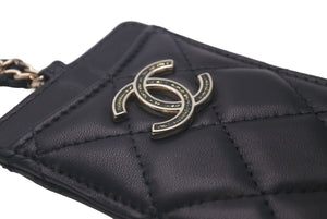 極美品 CHANEL シャネル カードケース マトラッセ チェーンストラップ ラムスキン A01745 ブラック ゴールド金具 中古 4b007999