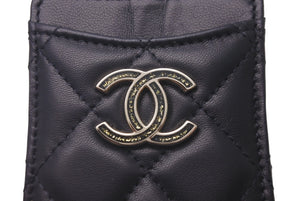 極美品 CHANEL シャネル カードケース マトラッセ チェーンストラップ ラムスキン A01745 ブラック ゴールド金具 中古 4b007999