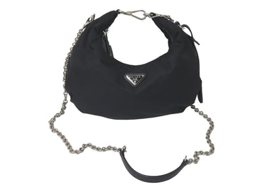 PRADA プラダ チェーンショルダーバッグ ハーフムーンリ版 サフィアーノ ナイロン テスート 黒 美品 中古 60594 