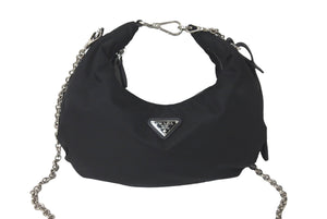 PRADA プラダ チェーンショルダーバッグ ハーフムーンリ版 サフィアーノ ナイロン テスート 黒 美品 中古 60594 