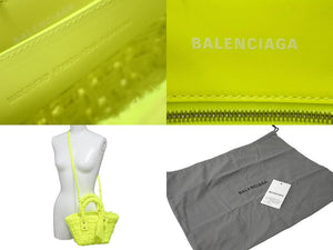 極美品 BALENCIAGA バレンシアガ ビストロ XXS バスケットバッグ ハンドバッグ ツイード ネオンイエロー 678028 中古 60835