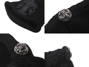 CHROME HEARTS クロムハーツ ニットキャップ ブラック コットン レザー シルバー925 ONE SIZE 2238-304-5500 美品 中古 60882