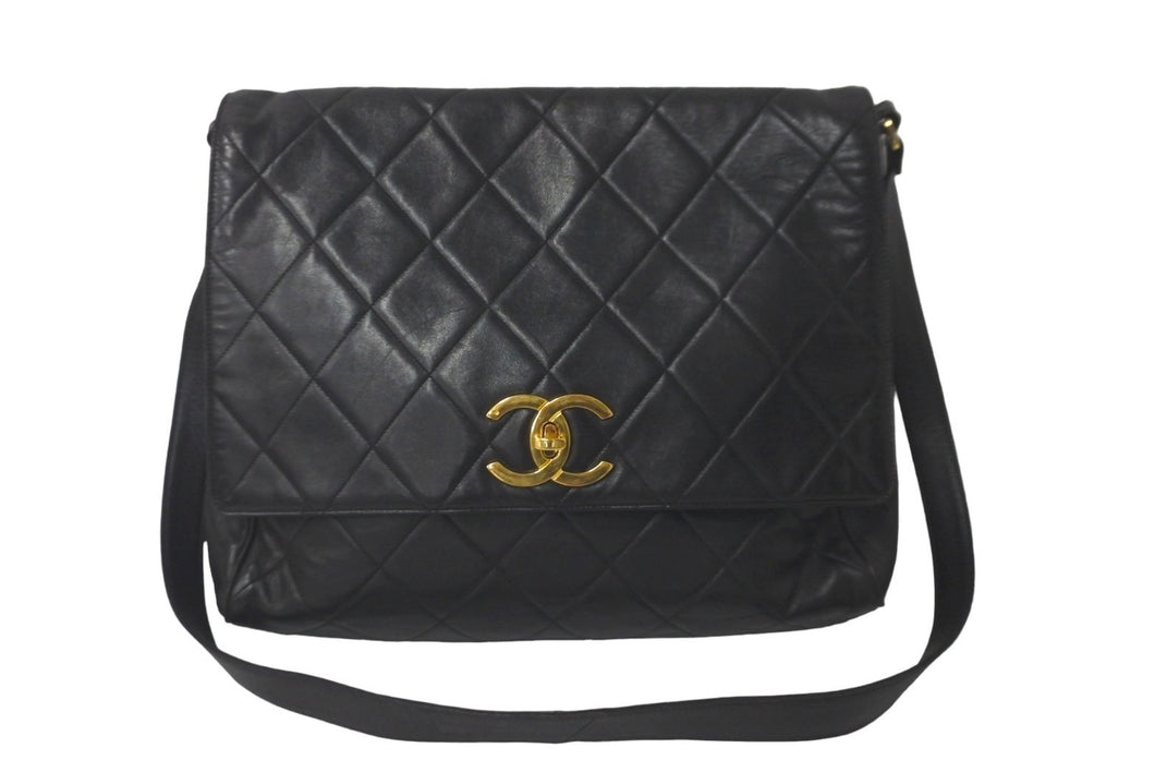 CHANEL シャネル デカマトラッセ シングルフラップ ショルダーバッグ 3番台 ブラック ラムスキン ゴールド金具 美品 中古 60985