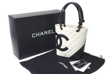 CHANEL シャネル カンボンライン スモール トートバッグ 8番台 レザー ホワイト ブラック ピンク ココマーク 鞄 良品 中古 61003