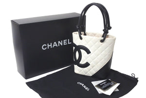 CHANEL シャネル カンボンライン スモール トートバッグ 8番台 レザー ホワイト ブラック ピンク ココマーク 鞄 良品 中古 61003