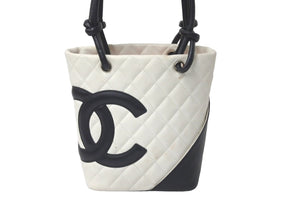 CHANEL シャネル カンボンライン スモール トートバッグ 8番台 レザー ホワイト ブラック ピンク ココマーク 鞄 良品 中古 61003