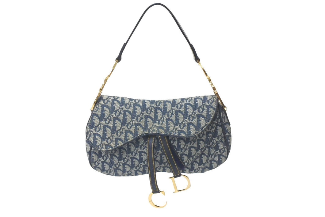 Christian Dior クリスチャンディオール ダブルサドルバック ハンドバッグ トロッター ネイビー RU0092 美品 中古 61004