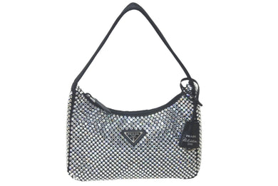 以前同様 PRADA プラダ クリスタルサテン ミニホーボーバッグ ブラック ハンドバッグ トライアングル 1BC515 中古 61011 