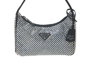 以前同様 PRADA プラダ クリスタルサテン ミニホーボーバッグ ブラック ハンドバッグ トライアングル 1BC515 中古 61011 