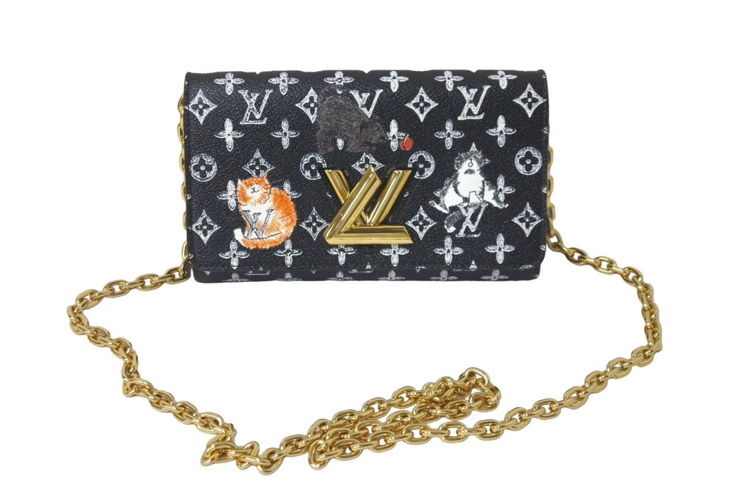 極美品 LOUIS VUITTON ルイヴィトン キャットグラム チェーンウォレットバッグ M63888 イニシャル入り ブラック 中古 61031