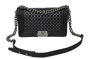 CHANEL シャネル チェーンショルダーバッグ ボーイシャネル 編み込みデザイン 20番台 ブラック シルバー金具 美品 中古 61080