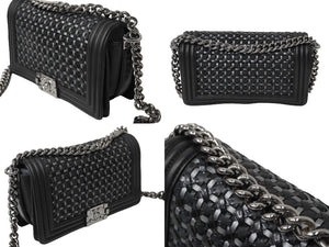 CHANEL シャネル チェーンショルダーバッグ ボーイシャネル 編み込みデザイン 20番台 ブラック シルバー金具 美品 中古 61080