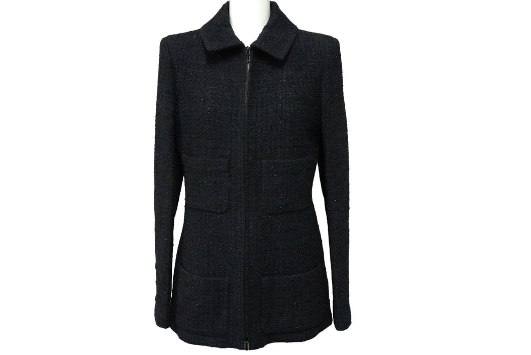 CHANEL シャネル ステンカラージャケット ツイード ジップアップ ブラック ネイビー サイズ34 P64019V49031 美品 中古 61142