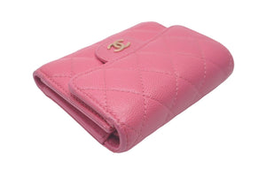 CHANEL シャネル 三つ折り財布 27番台 キャビアスキン ピンク ゴールド金具 美品 中古 61284