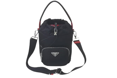PRADA プラダ バケットバッグ ハンドバッグ テスート ナイロン 三角ロゴ 筒型 1BE026 ブラック レッド 美品 中古 61401 