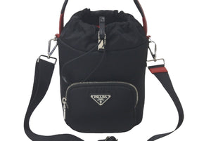 PRADA プラダ バケットバッグ ハンドバッグ テスート ナイロン 三角ロゴ 筒型 1BE026 ブラック レッド 美品 中古 61401 