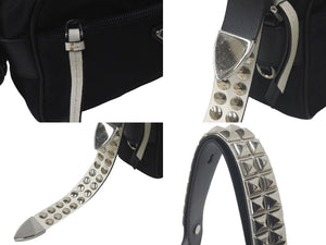 PRADA プラダ スタッズショルダーバッグ トライアングルロゴ ナイロン ブラック シルバー金具 美品 中古 61456 