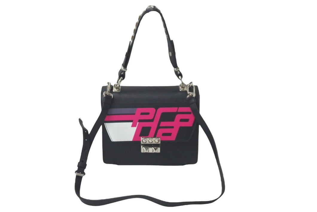 極美品 PRADA プラダ ２WAYショルダーバッグ サフィアーノレザー スタッズ ブラック ピンク レーシングロゴ 中古 61460 