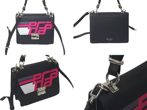 極美品 PRADA プラダ ２WAYショルダーバッグ サフィアーノレザー スタッズ ブラック ピンク レーシングロゴ 中古 61460 