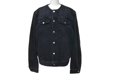 新品同様 PRADA プラダ 23SS ノーカラーデニムジャケット トライアングルロゴ Mサイズ コットン ブラック 中古 61508