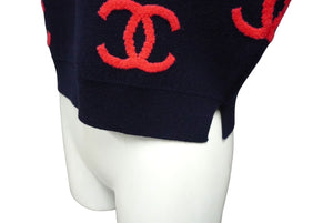 極美品 CHANEL シャネル ニット セーター ココマーク クロップド P70525K10076 カシミヤ エラスタン ネイビー ピンク 36 中古 61526
