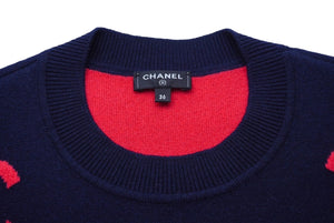 極美品 CHANEL シャネル ニット セーター ココマーク クロップド P70525K10076 カシミヤ エラスタン ネイビー ピンク 36 中古 61526