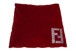 FENDI フェンディ スワロフスキー ロゴクッション インテリア ベロア レッド 美品 中古 61557 