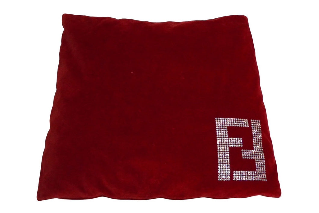 FENDI フェンディ スワロフスキー ロゴクッション インテリア ベロア レッド 美品 中古 61557 