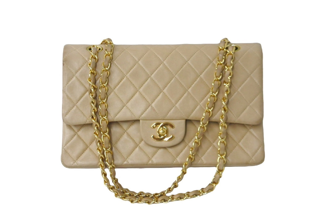 CHANEL シャネル マトラッセ25 Wフラップチェーンショルダーバッグ 6番台 ラムスキン ベージュ ゴールド金具 良品 中古 61625