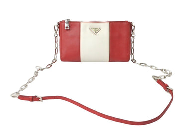 PRADA プラダ ショルダーバッグ サフィアーノレザー チェーンショルダー トライアングルロゴ レッド ホワイト 美品 中古 61629