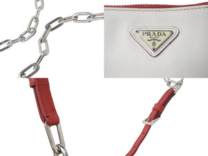 PRADA プラダ ショルダーバッグ サフィアーノレザー チェーンショルダー トライアングルロゴ レッド ホワイト 美品 中古 61629