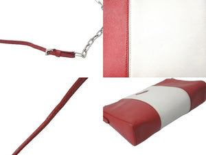 PRADA プラダ ショルダーバッグ サフィアーノレザー チェーンショルダー トライアングルロゴ レッド ホワイト 美品 中古 61629