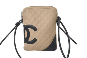 CHANEL シャネル カンボンライン ショルダーバッグ 9番台 ラムスキン ベージュ ブラック シルバー金具 良品 中古 61633