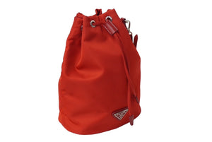 PRADA プラダ ナイロン 巾着ポーチ レッド トライアングルロゴ注目入れ ミニバッグ レザー テスート 美品 中古 61644 