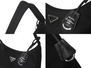 極美品 PRADA プラダ ハンドバッグ ホーボー RE-EDITION トライアングル 1NE515 ナイロン ブラック シルバー金具 ロゴ 中古 61678 